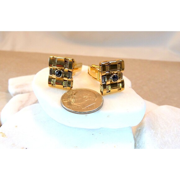 VTG 14Kt Yellow Gold Basket Weave Sapphire Cufflinks Tuxedo Wedding Gift - Picture 6 of 7